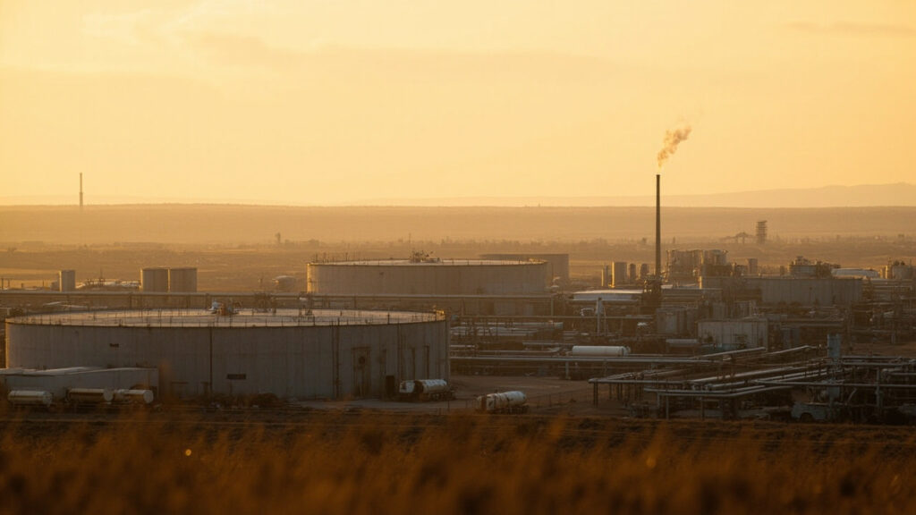 A wide view of an oil refinery complex with storage tanks and pipelines at dusk.