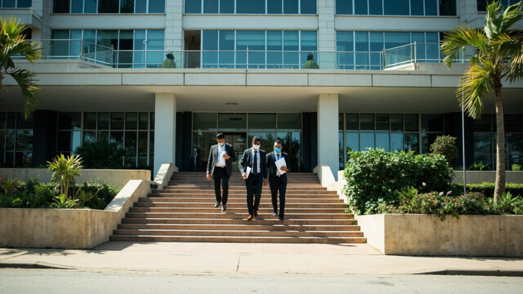 An exterior view of Nigeria's electoral commission offices in Abuja with officials receiving nomination documents at the entrance.