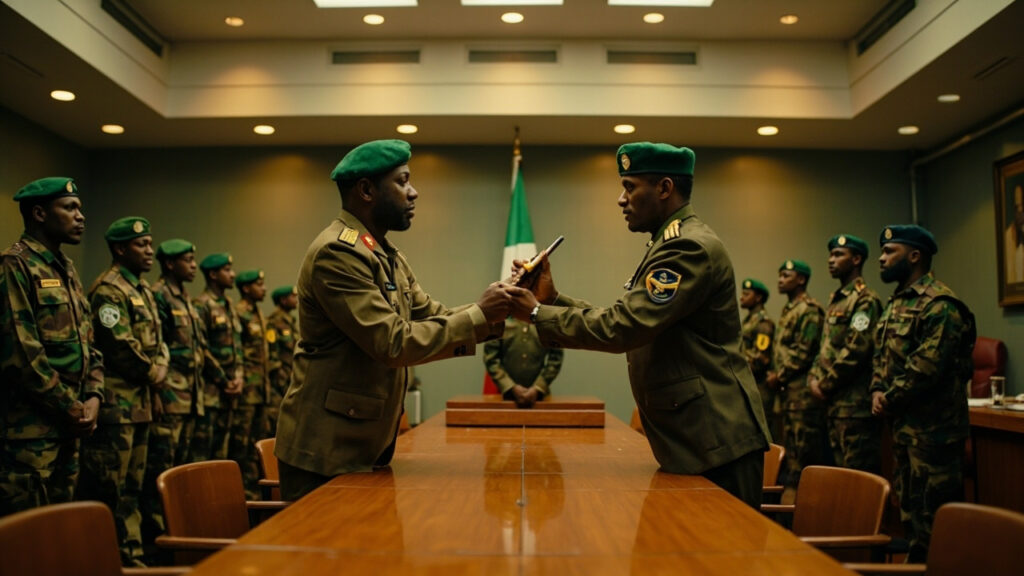 A formal military handover ceremony inside an army briefing hall with uniformed officers standing in formation.