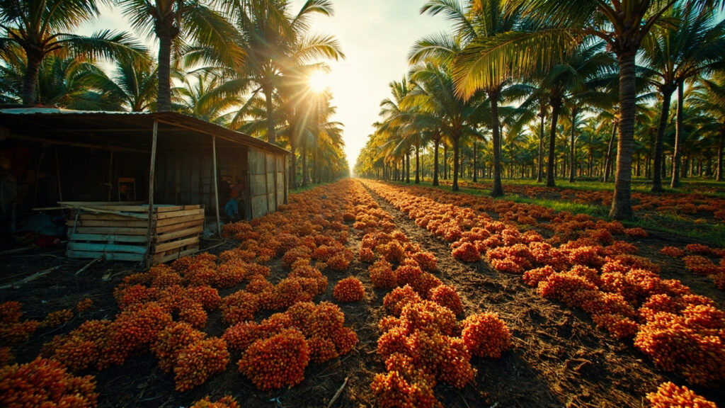 A photograph showing rows of mature oil palm trees in a tropical Nigerian plantation, with harvested red-orange fruit bunches stacked near a