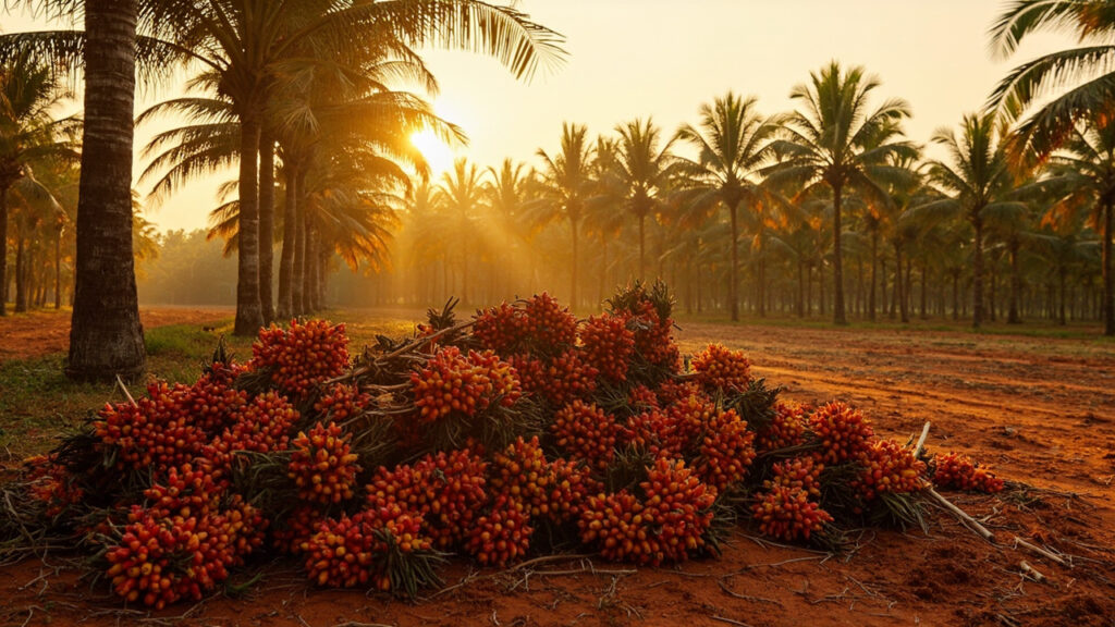 Red-orange oil palm fruit bunches harvested and stacked beside rows of mature oil palm trees in a tropical West African plantation.