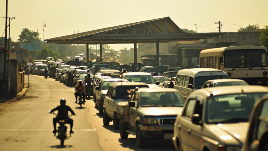A long line of cars and motorcycles queuing at a petrol station under bright daylight.