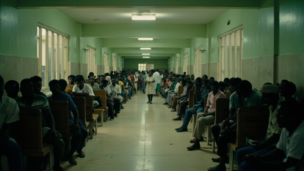 A crowded hospital corridor in a Nigerian public teaching hospital, with people filling benches and standing along the walls.