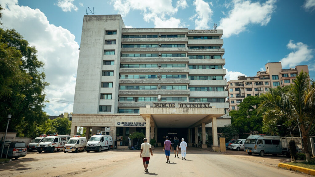 An exterior view of a large multi-storey public hospital building with a covered entrance and ambulances parked nearby.