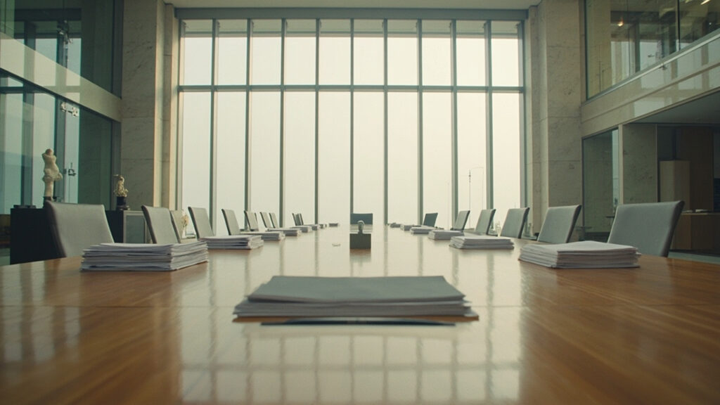 Modern institutional conference room interior with glass walls and financial reports on a polished table under soft daylight.