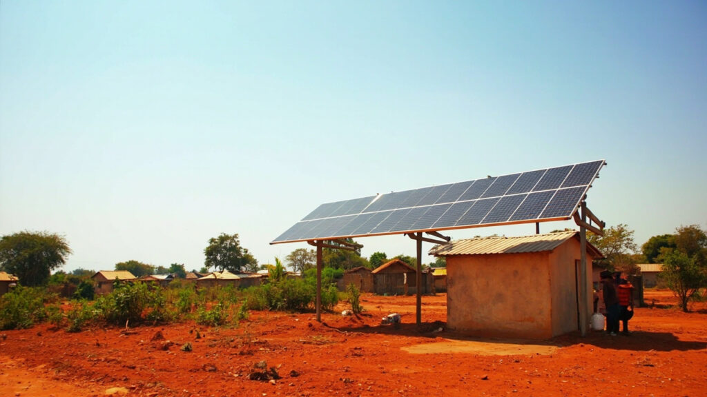 A solar mini-grid installation in a rural Nigerian village, with photovoltaic panels mounted on a low metal frame beside a modest building,