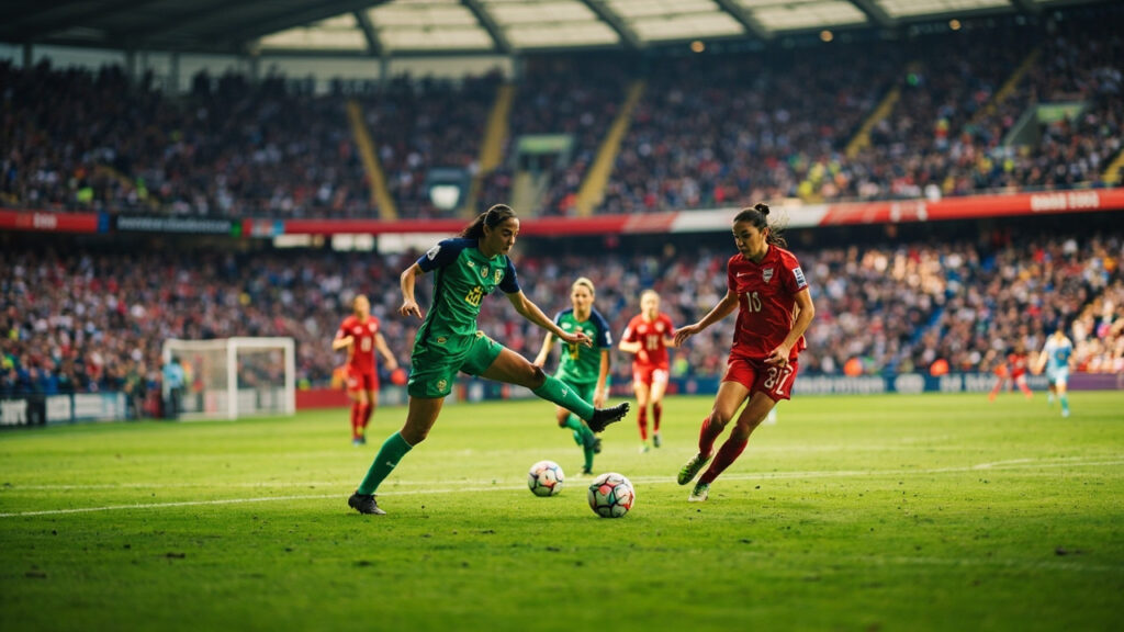 Footballers in national team kits competing on a grass pitch during a women's Africa Cup of Nations match in a large stadium.
