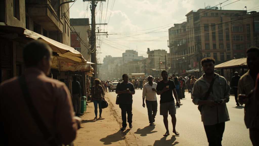 A crowded urban streetscape in Lagos with high-rise buildings, mobile phone users, and overhead telecoms infrastructure.