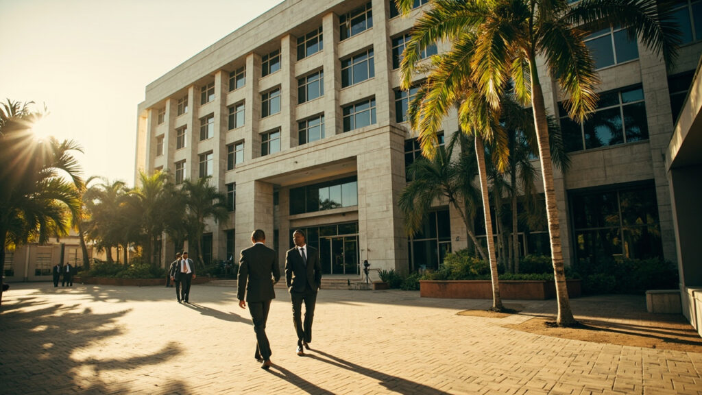 The exterior of a government audit office building in Accra, Ghana, on a clear day, with staff and visitors entering the entrance.