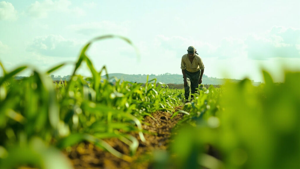 A smallholder farmer tends to a green maize field in rural Kenya under an open sky, with rolling hills in the background.