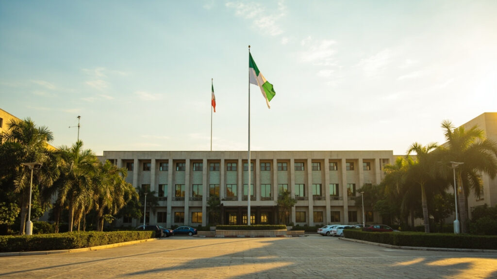 A modern government administrative building in Nigeria, the kind of compound where federal agencies including the National Population Commis