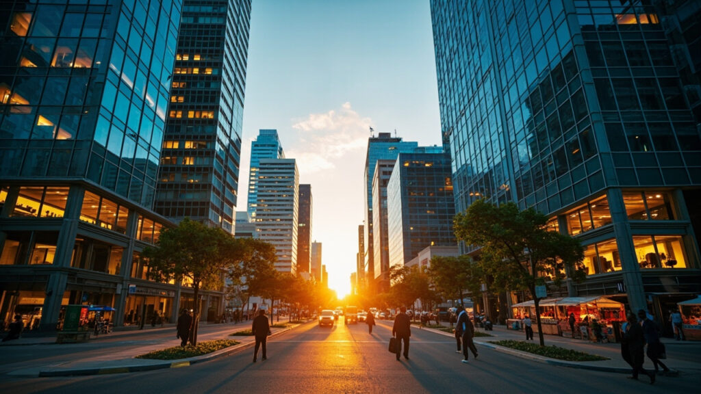A wide view of a modern African city skyline at dusk with illuminated office towers in a busy technology district.
