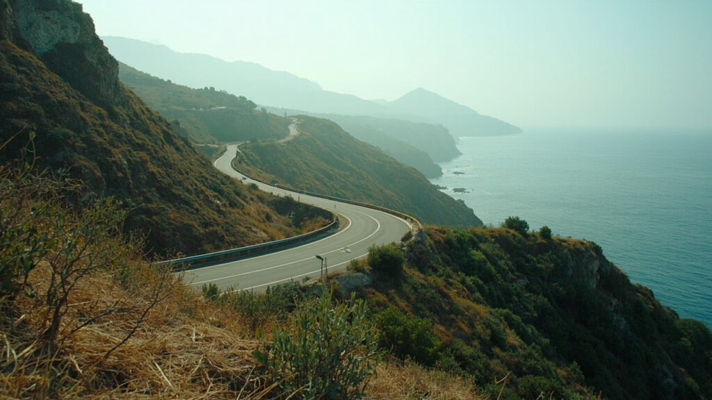 A coastal stretch near Boumerdes with low buildings on hillsides overlooking the Mediterranean Sea, illustrating the region's mountainous co