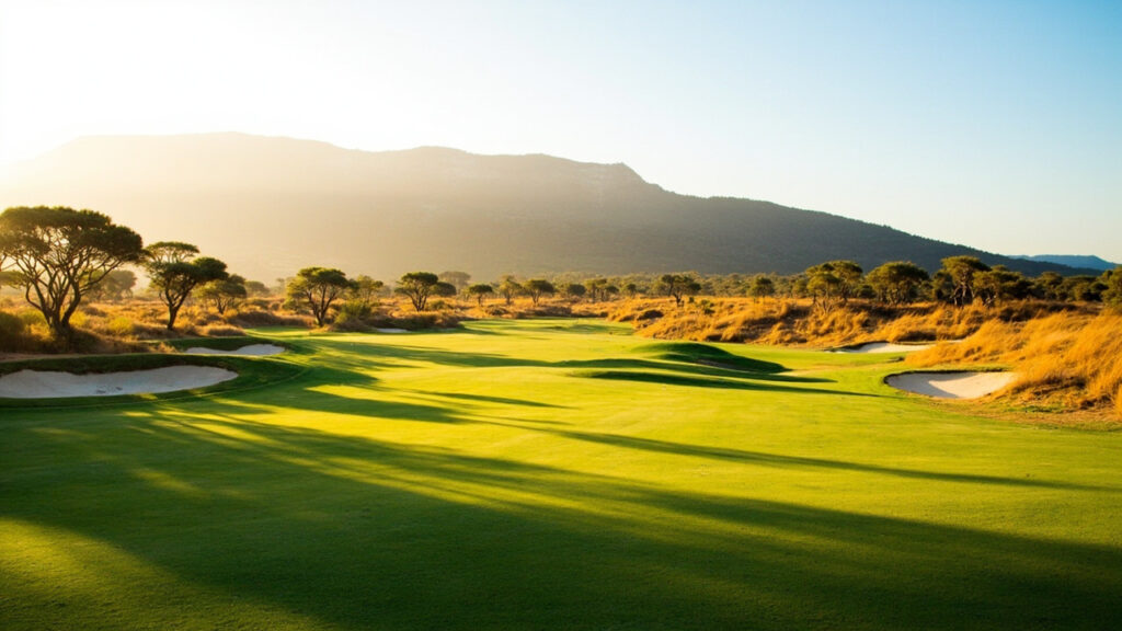 A golf course landscape in Kenya's Rift Valley framed by acacia trees and an escarpment backdrop.