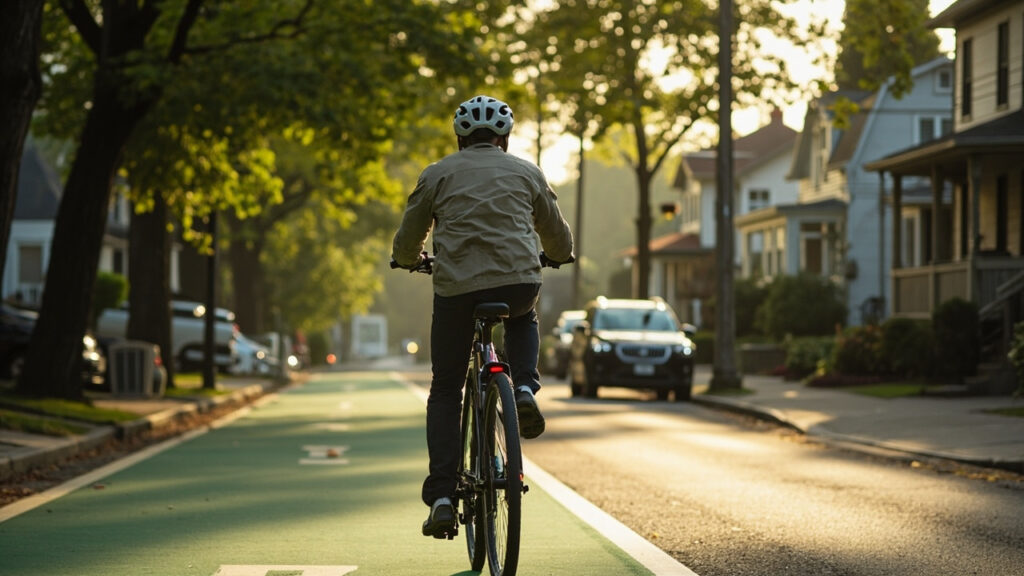 A cyclist rides an electric bicycle along a green-painted bike lane in an urban neighborhood, with street trees and modest homes lining the