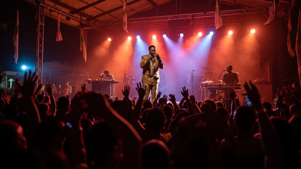 A live African music performance with a crowded audience, a singer on stage under colourful stage lights, with a band and dancers performing