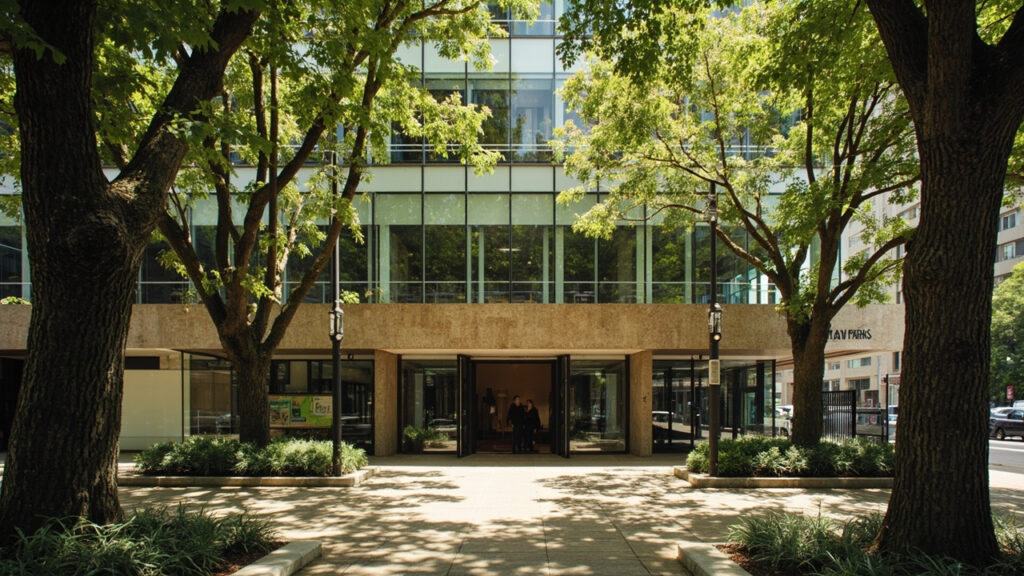 A documentary exterior photograph of the African Parks office in Johannesburg, showing a modern building entrance framed by mature trees in