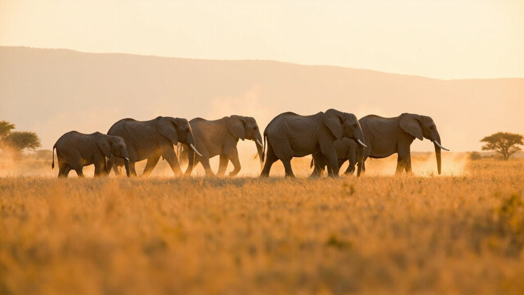 African elephants walking across open bushland in a South African game reserve at golden hour.