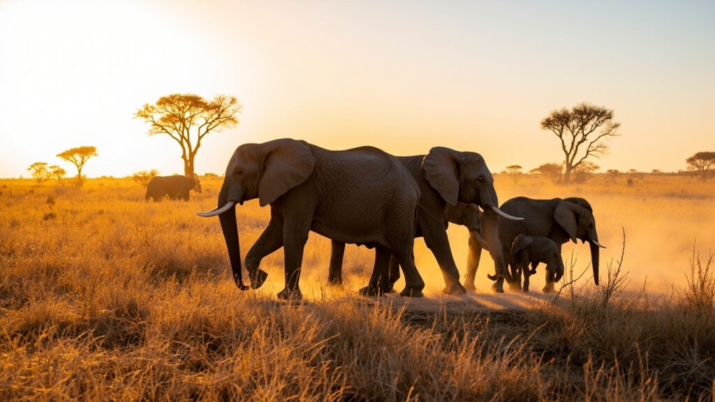 African elephants walking through dry bushveld at golden hour, foraging as a small family group.