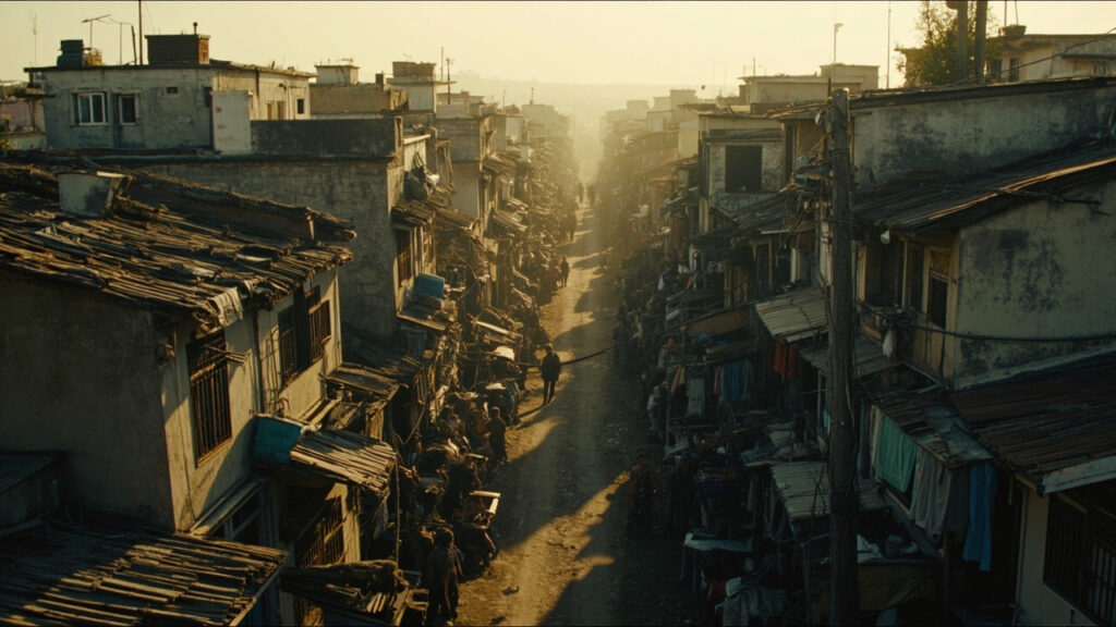 A densely packed residential neighbourhood with multi-storey buildings under a hazy sky, illustrating urban housing pressures in Nigeria.