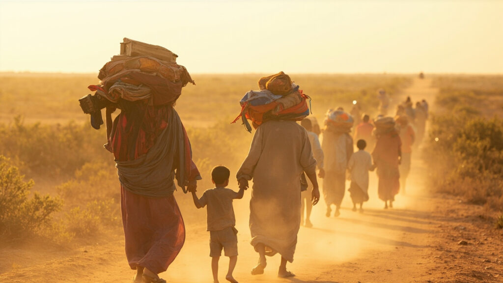 Families carrying belongings walk across arid terrain toward Sudan's eastern border region.
