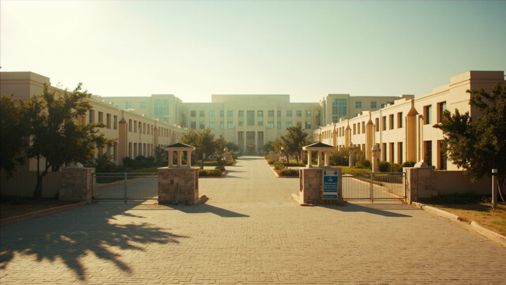 A government administrative building compound surrounded by perimeter fencing, with a guarded entrance gate and tree-lined driveway.