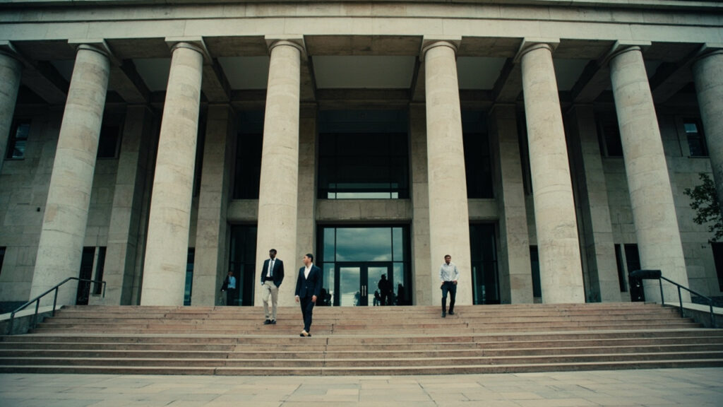 The stone facade and columned entrance of a South African high court building with broad steps.