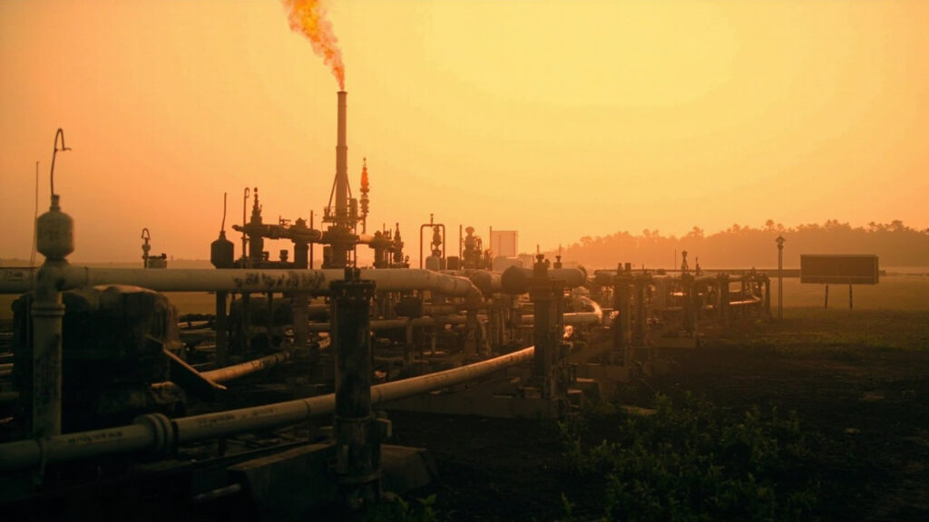 A wide view of an oil and gas processing facility at sunset, with pipelines, a lit flare stack, and wetland vegetation surrounding the insta