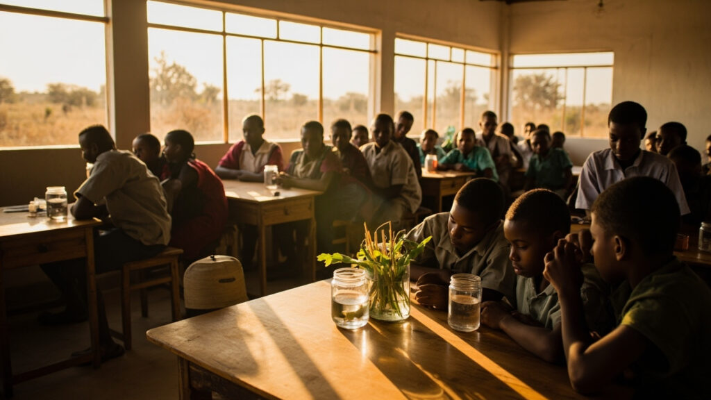 Schoolchildren in a rural Kenyan classroom conducting a simple hands-on science experiment with locally sourced materials.