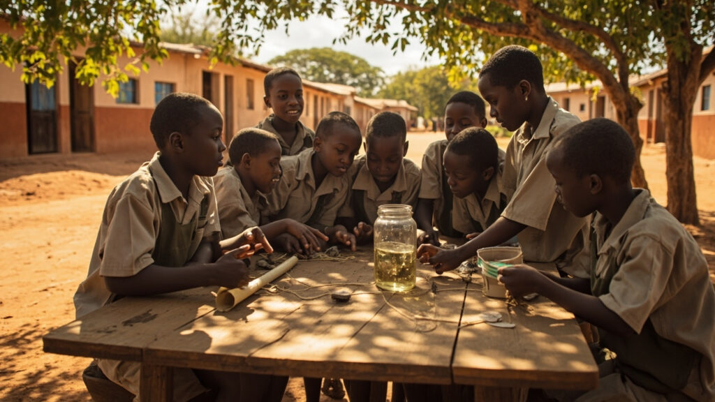 Students gathered around a simple hands-on science experiment outdoors at a rural Kenyan school, using locally sourced materials.