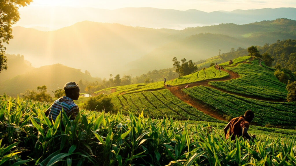 A smallholder farm on terraced Kenyan highland slopes with figures working the fields at mid-distance.