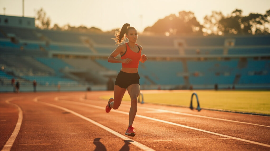 A female athlete training on a red synthetic running track at an outdoor athletics stadium, late afternoon light.