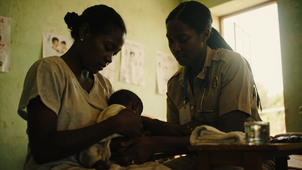 A health worker supporting a mother as she breastfeeds her infant during a community wellness session in southern Africa.