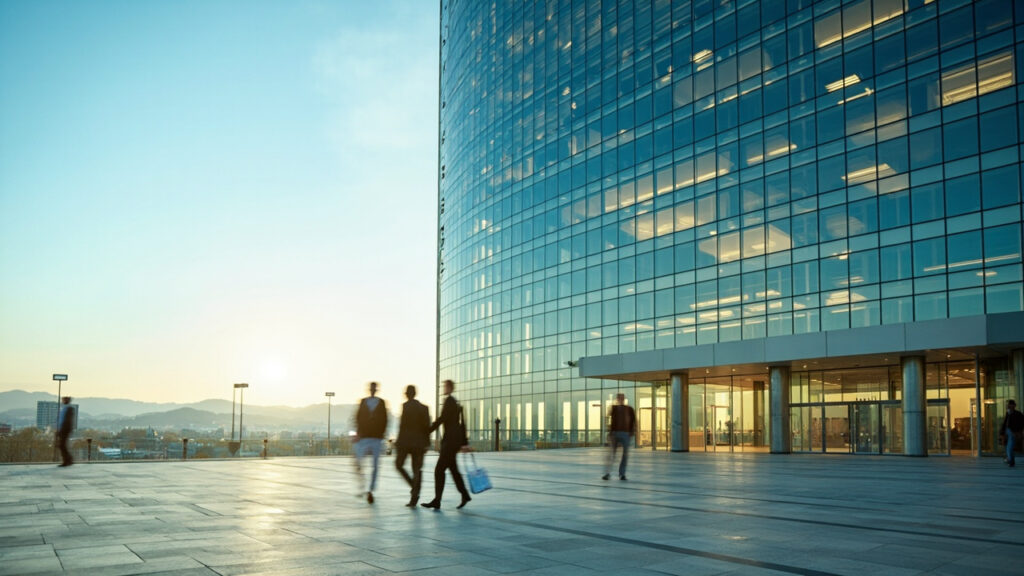 A modern glass-and-steel corporate office tower in Nairobi, Kenya, with a paved entrance plaza and the city skyline visible in the backgroun