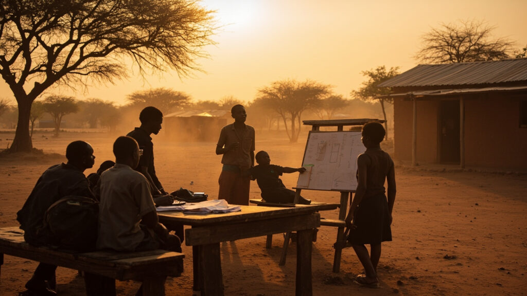 Small-scale entrepreneurs receiving business mentoring around a table in a rural East African village setting.