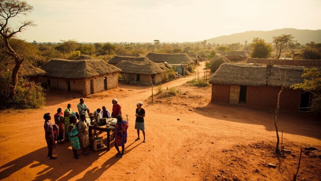 A development worker interacts with community members in a rural African village, with simple structures and surrounding farmland visible in