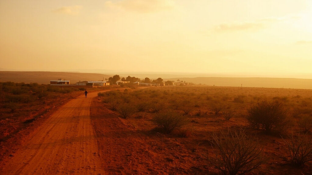 A wide view of dry Sahelian savanna with sparse thorn scrub, an unpaved road, and a small cluster of low buildings at dusk.