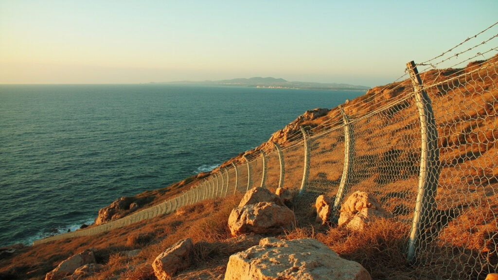 The deep Mediterranean coastal waters along the Morocco-Ceuta frontier, with the border fence descending into the sea and the Spanish enclav