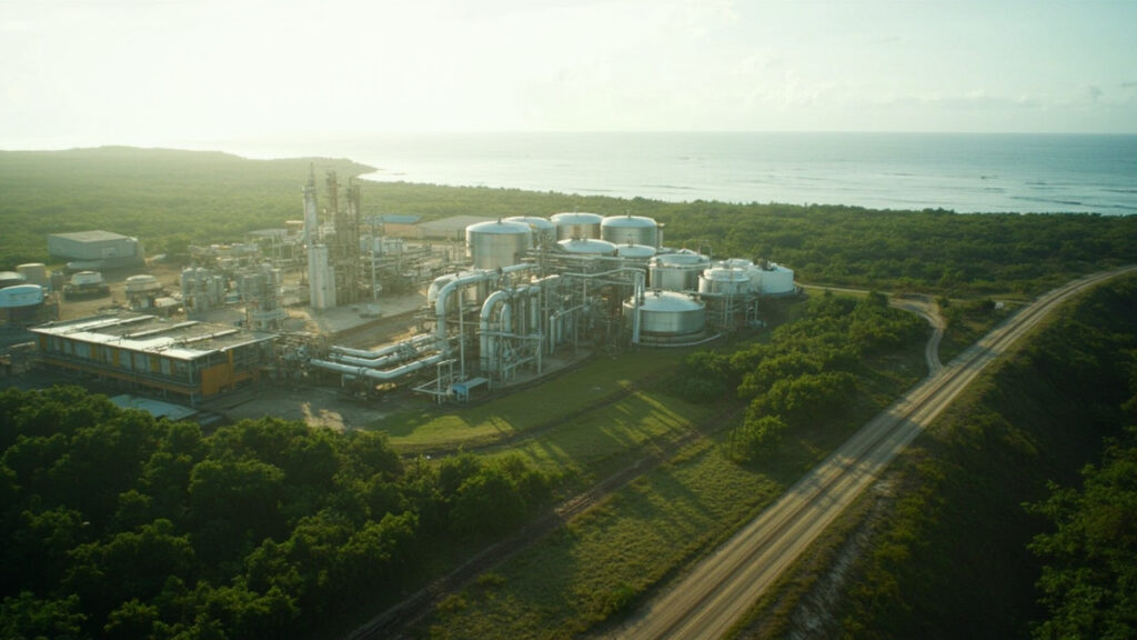 Oil and gas infrastructure in Nigeria's Niger Delta, showing pipelines and processing equipment under daylight.