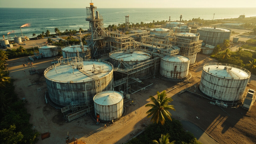 An aerial view of an oil and gas processing facility with storage tanks and pipelines in a tropical Nigerian setting.