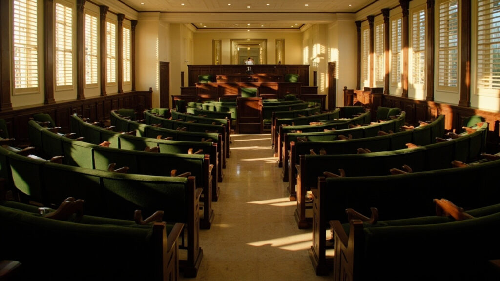 An empty parliamentary chamber in Freetown with rows of green-upholstered seats arranged in curved tiers facing a raised speaker's dais.