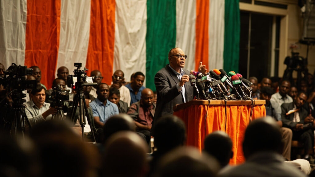 A press briefing scene at a Kenyan political party office, with microphones at a podium and party colours in the background.