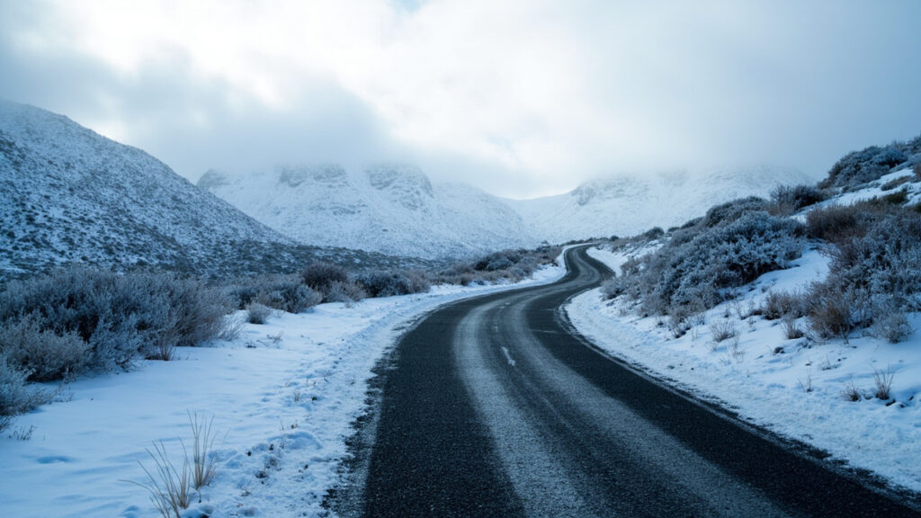 A snow-covered mountain pass road in the South African highlands
