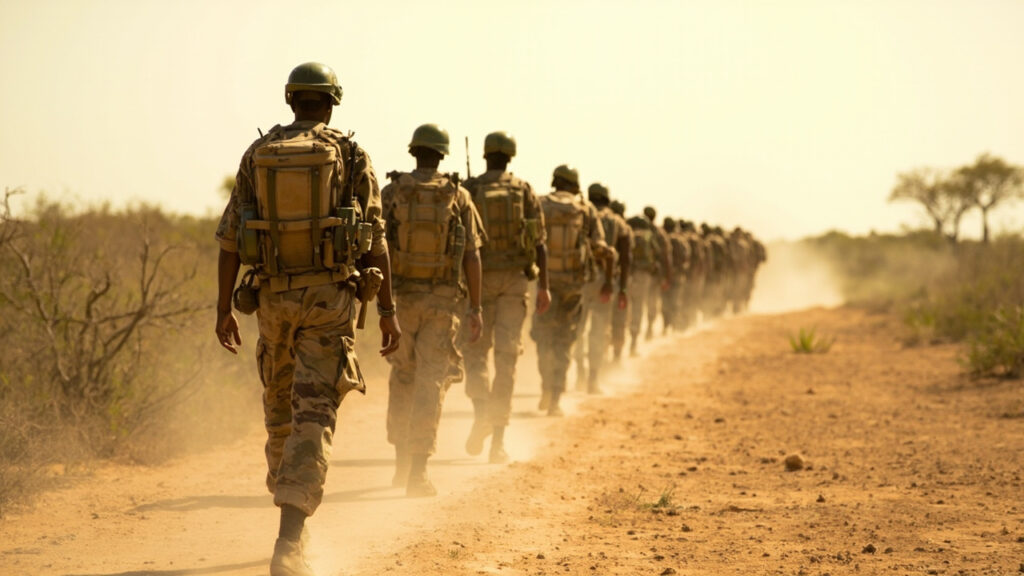 Ugandan peacekeepers in formation walking across dry Somali terrain, viewed from behind.