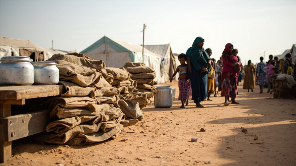 Women carrying children queue at an outdoor nutrition feeding station in a dusty displacement camp.