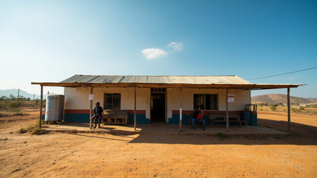 An exterior view of a small public community health centre building with a covered walkway and waiting patients on benches.