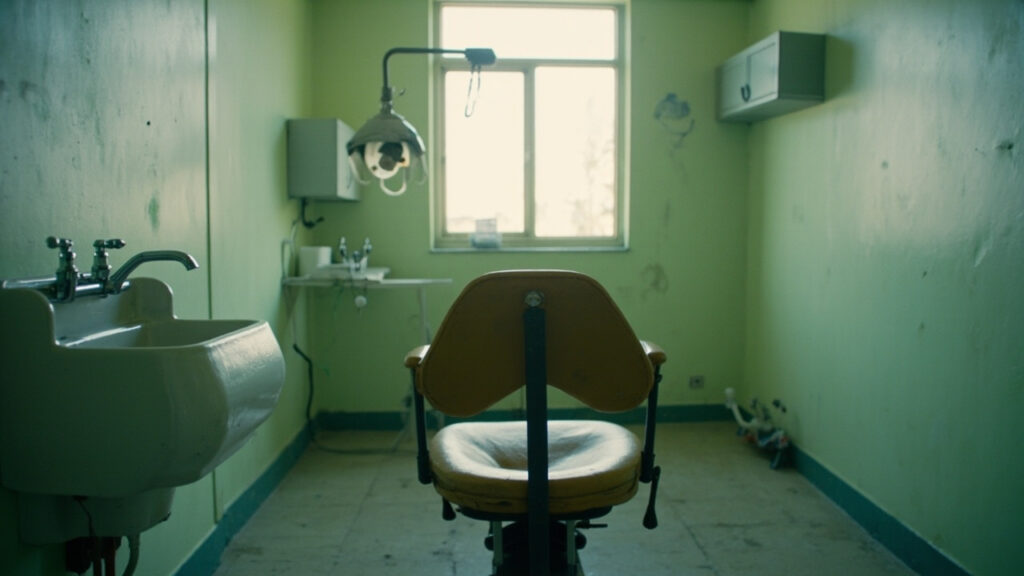 An empty dental treatment room with a dry sink and unused dental chair.