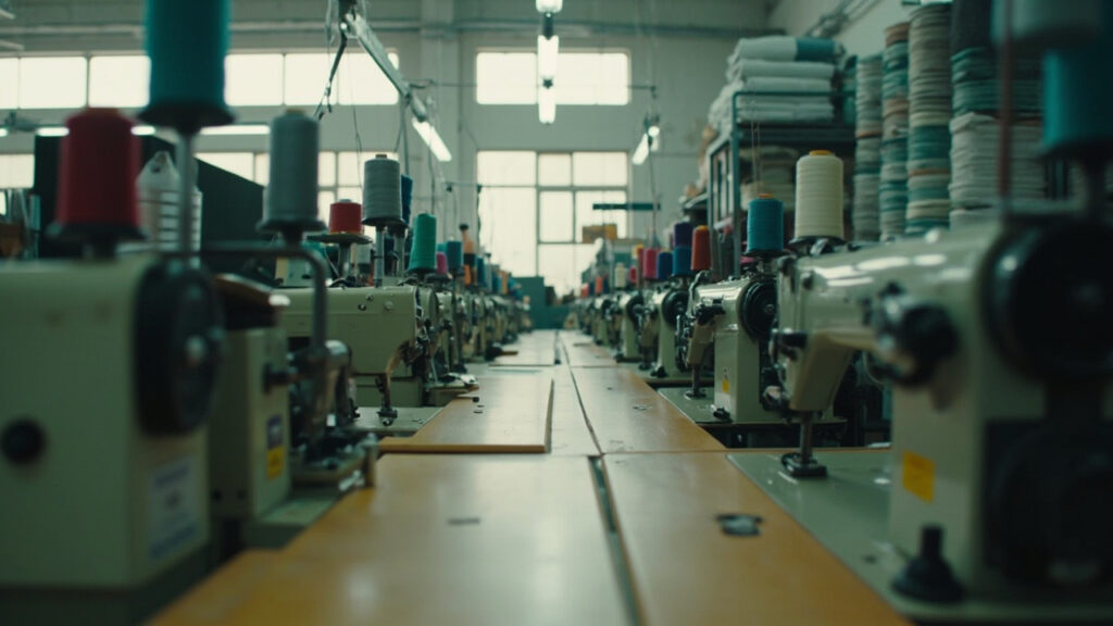 Interior view of a garment factory workshop with industrial sewing machines lined up on a worktable and bolts of fabric stacked on shelving