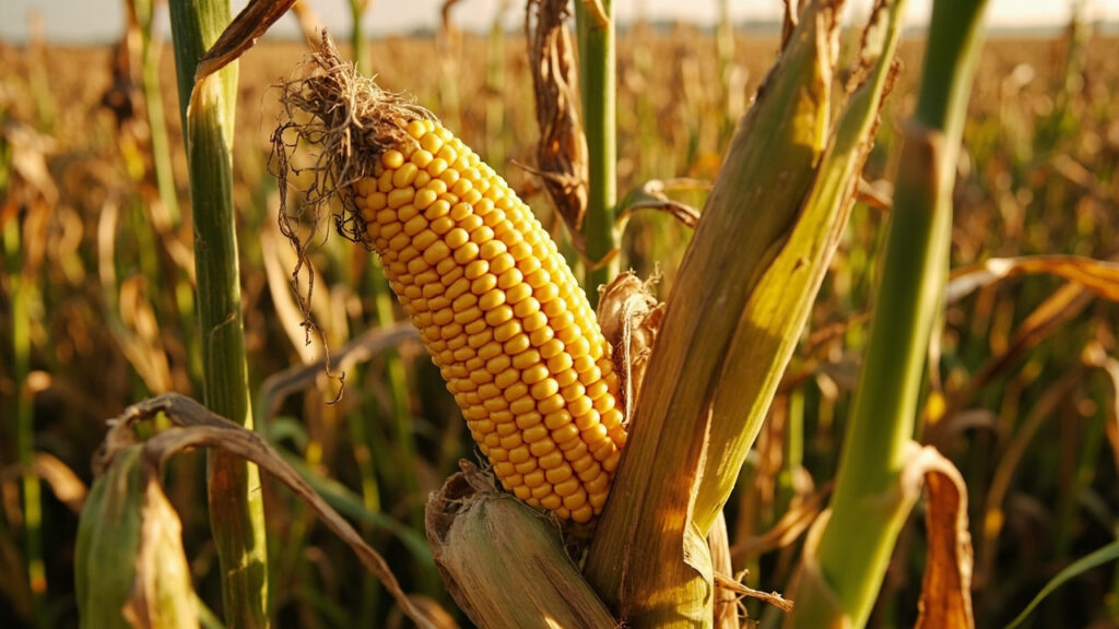 Close-up of ripe golden maize cobs on the stalk in a sunlit field.