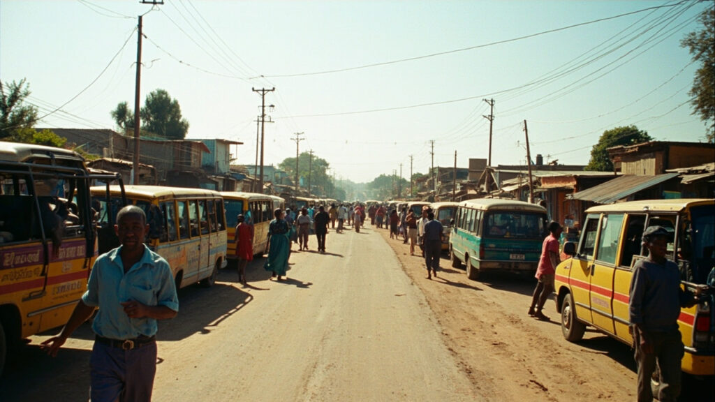 A minibus taxi rank in Nyanga, Cape Town, with colorful shared taxis parked and passengers nearby.